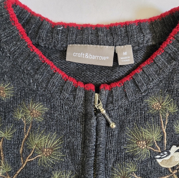 Croft& Barrow cardinal chickadee birds nature embroider zip sweater ramie silk M - Picture 2 of 8